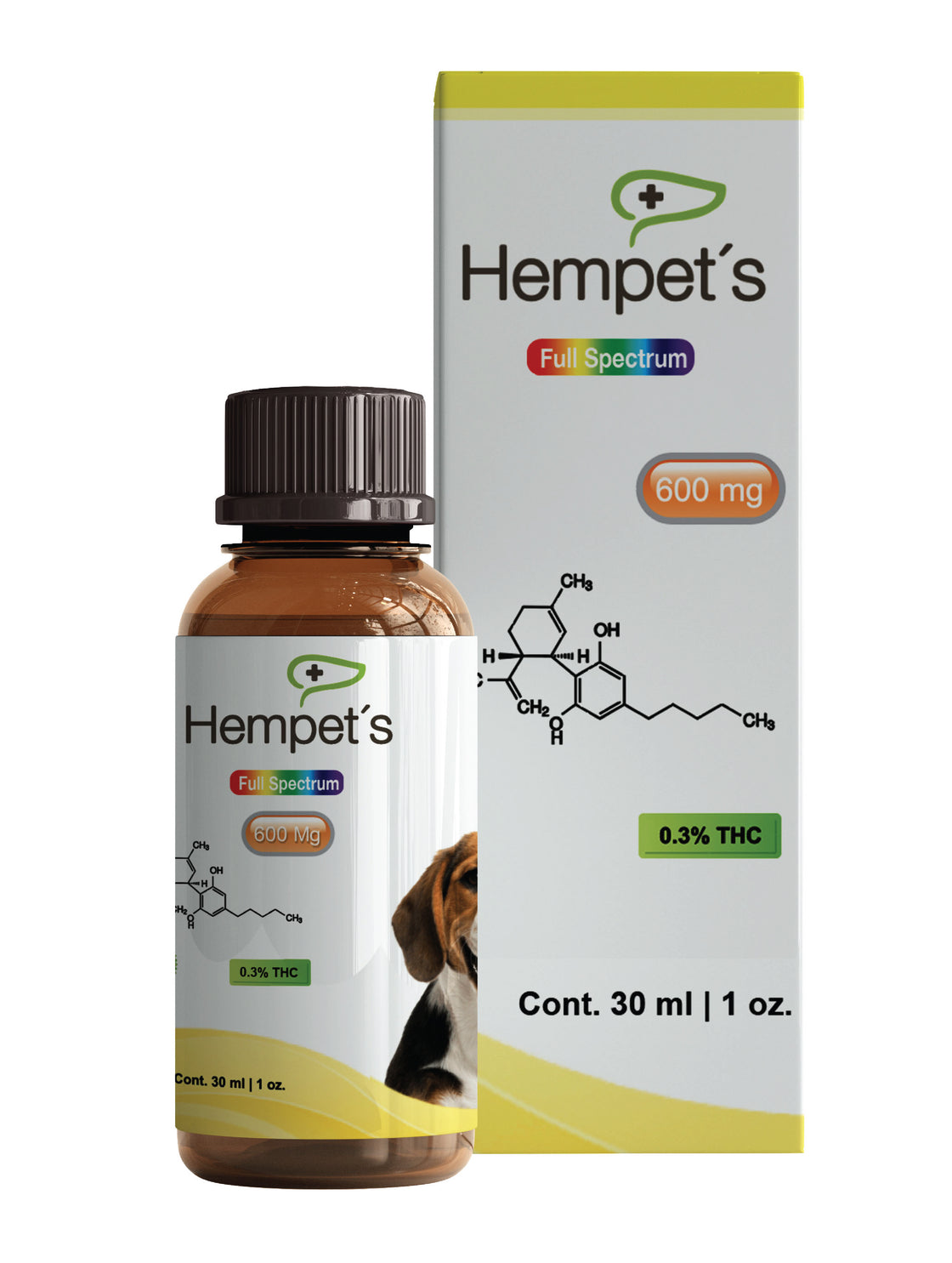 Frasco y caja del Aceite de CBD full spectrum de 600 Mg, producto de Hempets