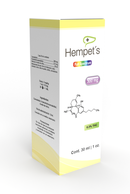 Caja del Aceite de CBD para gatos Hempets 300 Mg Full Spectrum Fel, diseñado para promover la salud de las mascotas.