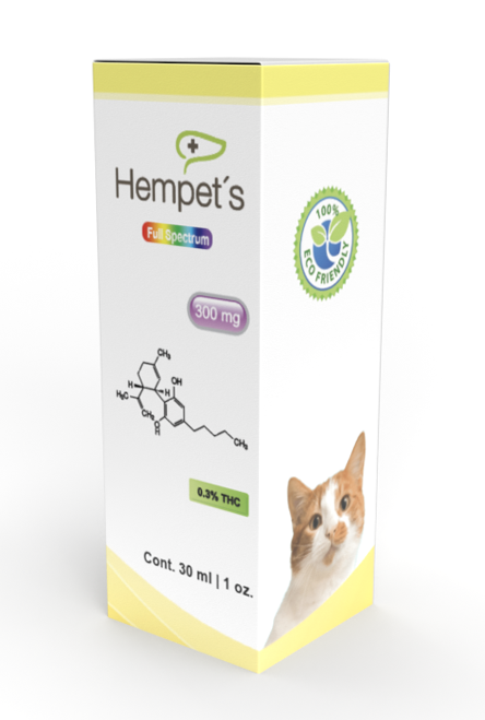 Caja del Aceite de CBD para gatos Hempets 300 Mg Full Spectrum Fel, ideal para mejorar la calidad de vida de los felinos.