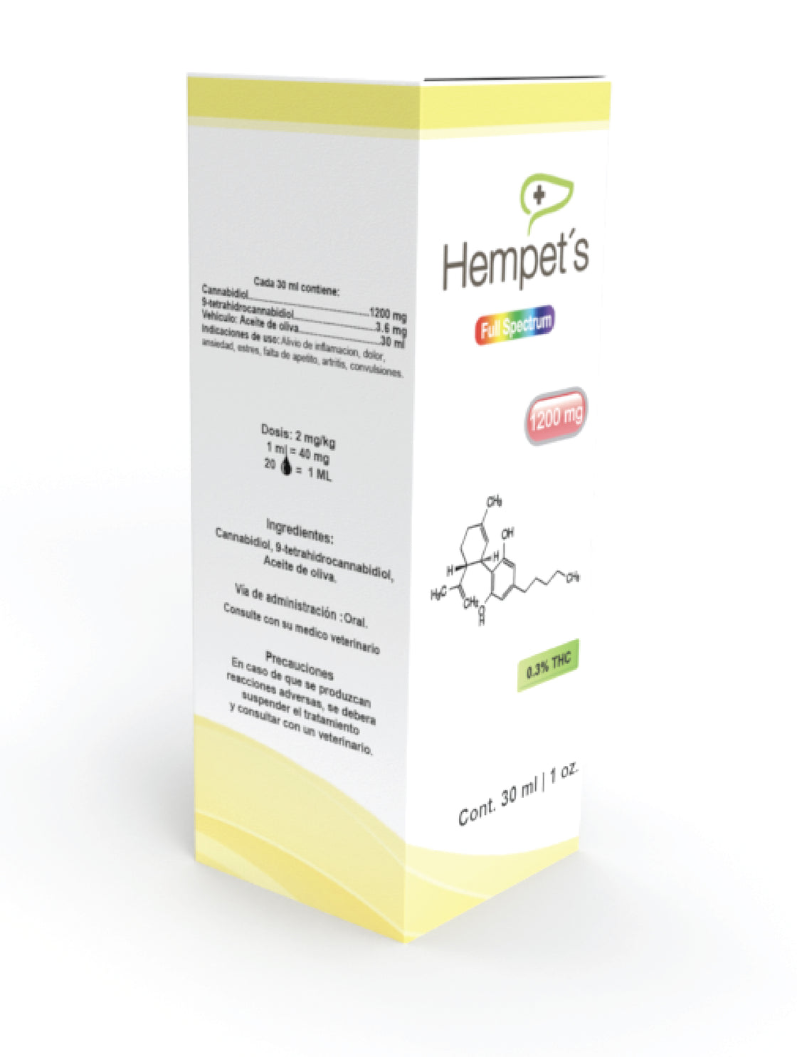 Caja y frasco de aceite de CBD full espectrum Hempets de 1200 mg, recomendado para mejorar la salud de mascotas.