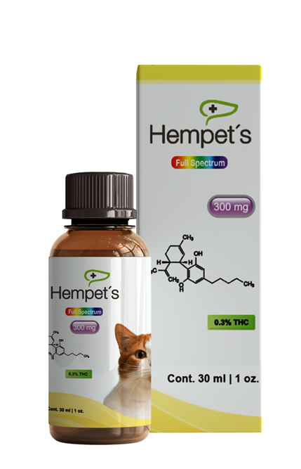 Frasco y caja de Aceite de CBD para gatos Hempets 300 Mg Full Spectrum Fel, para mejorar el bienestar general de los felinos.