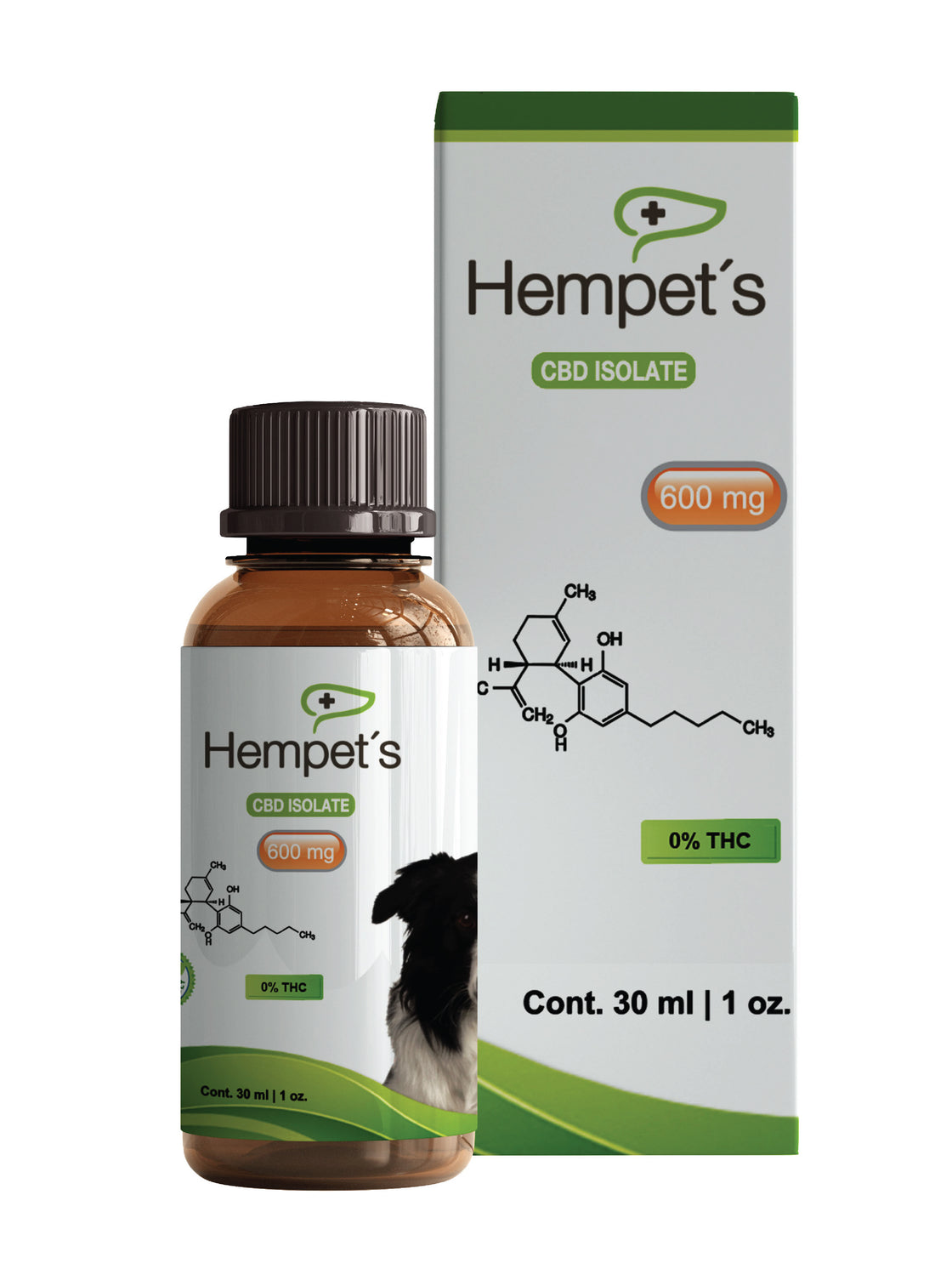  Frasco y caja de Hempets CBD 600 Mg, un aceite de CBD para mascotas en México, ideal para mejorar la salud de animales.