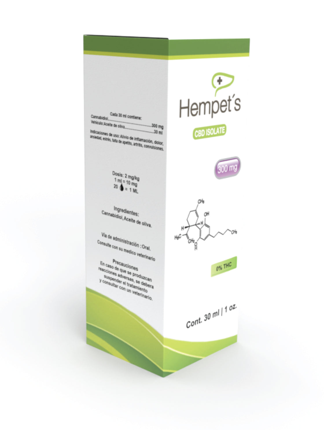 Frasco y caja de Hempets con Aceite de CBD aislado, diseñado para el bienestar de las mascotas.
