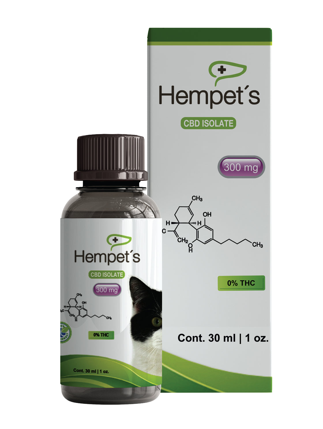 Frasco de aceite de CBD para gatos Hempets 1200 mg Full Spectrum junto a su caja, ideal para el bienestar felino.
