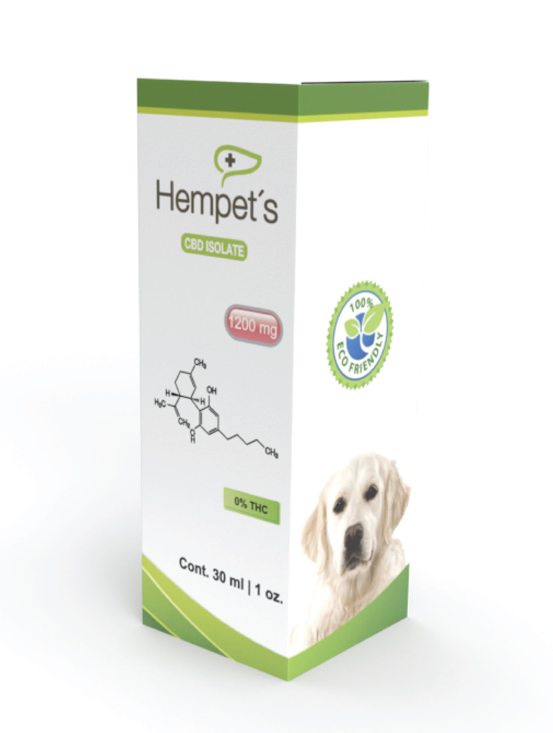 Frasco y caja de aceite de CBD Hempets 1200 mg aislado, ideal para mejorar la calidad de vida de las mascotas en México.