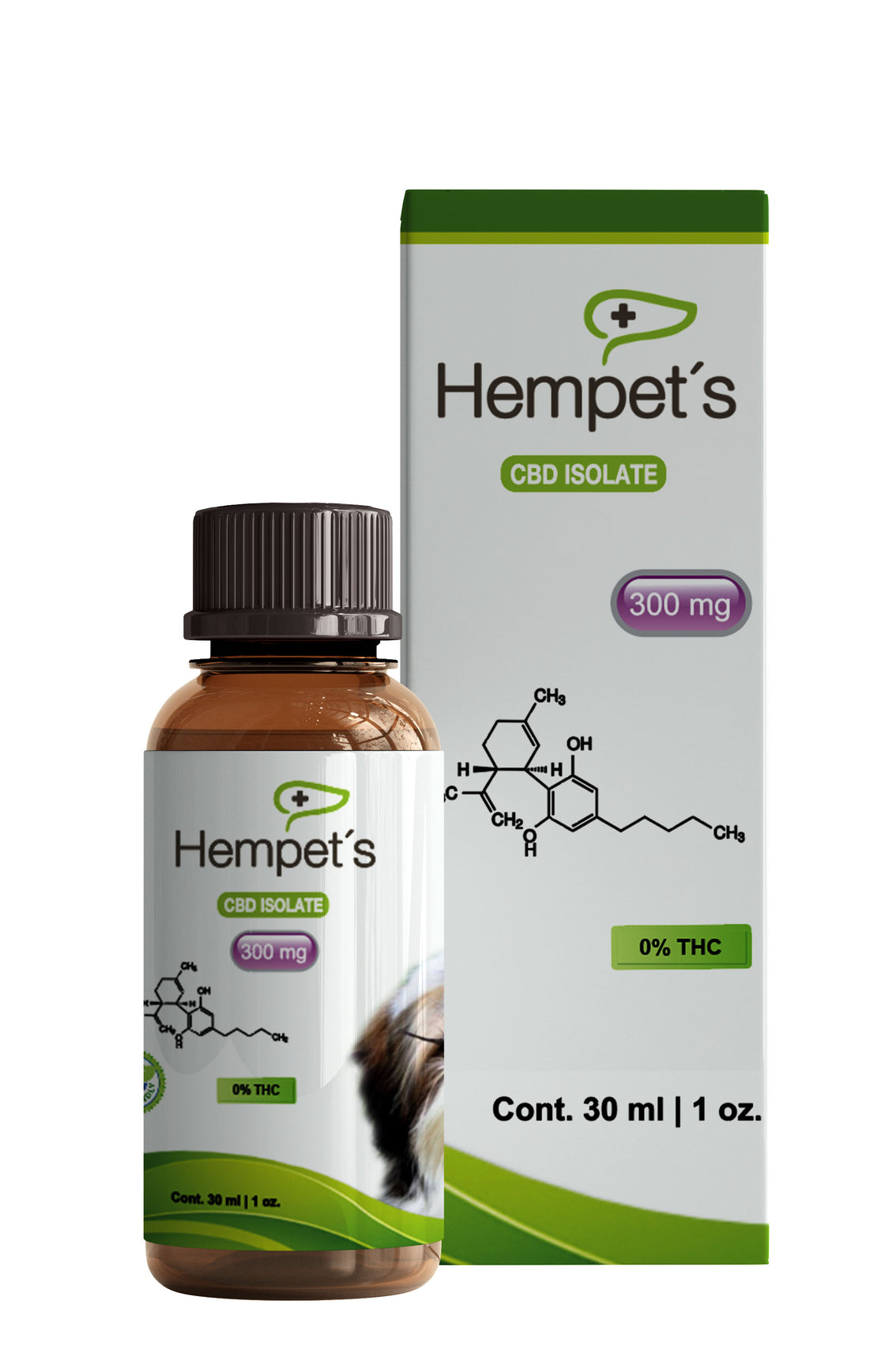 Frasco y caja del producto Hempets con Aceite de CBD aislado, formulado para apoyar el bienestar de las mascotas.