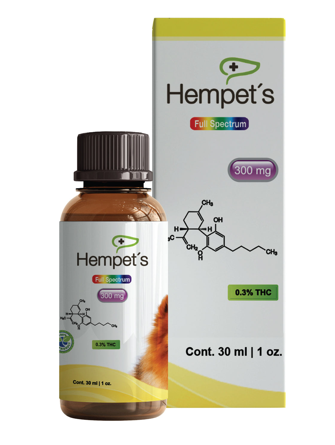 Frasco y caja de Hempets 300 Mg Full Spectrum, un aceite de CBD para mascotas que apoya la salud y el bienestar