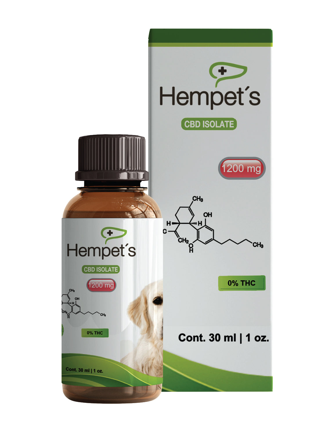 Frasco de 1200 mg de aceite de CBD México para mascotas de Hempets, acompañado de su caja con diseño moderno y detallado.