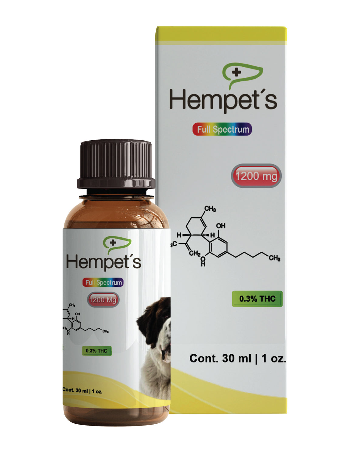 Frasco de Hempets CBD full espectrum de 1200 mg, un aceite premium para mejorar la salud de tus mascotas.